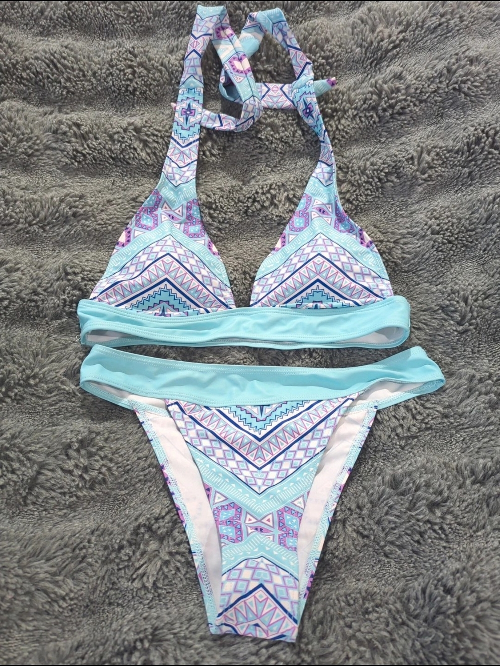 Women’s Light Blue Geometric Halter Bikini Set